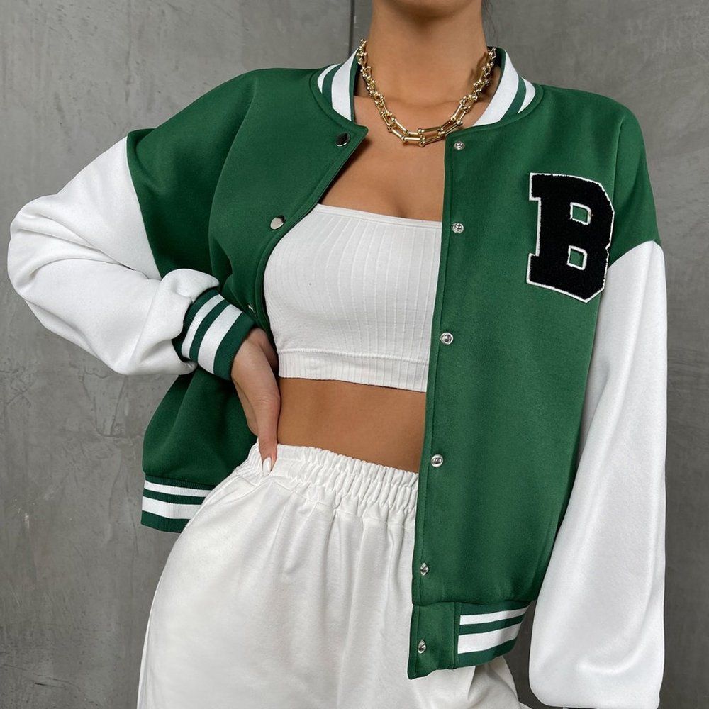 New Letter Patched Striped Trim Drop Shoulder Varsity Jacket Green 226
